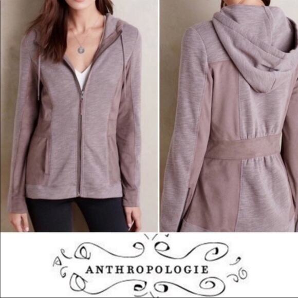 Anthropologie Akemi + Kin Taupe Abbe Full Zip Faux Suede Panel Hoodie Sweatshirt - Picture 1 of 15